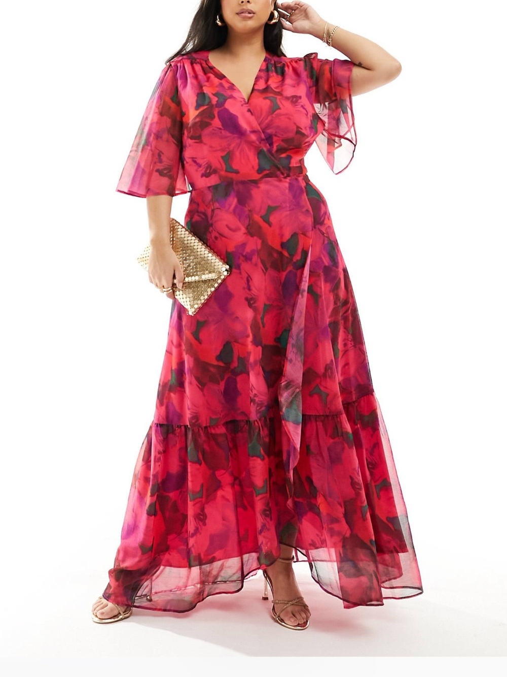 Hope and Ivy Red Pink Floral Wrap Maxi Dress